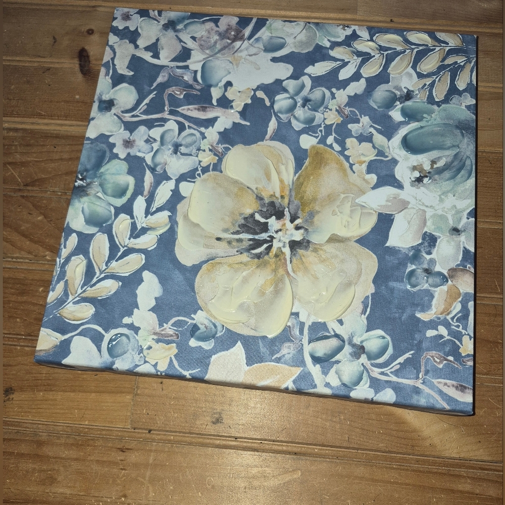 Floral Canvas Texured Painting Art Blues Tans Teal